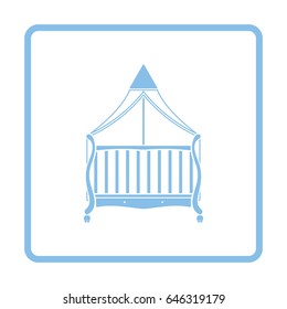 Crib with canopy icon. Blue frame design. Vector illustration.