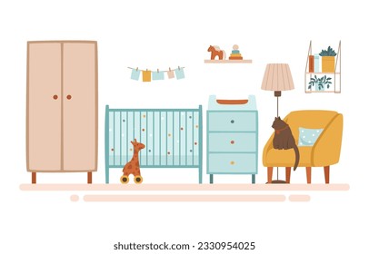Crib and changing table in the nursery. Toys and a garland decorate the children's room. Flat vector illustration.
