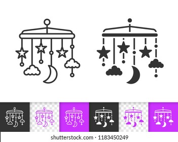 Crib Hanging black linear and silhouette icons. Thin line baby mobile sign. Bed Carousel outline pictogram isolated white, transparent background. Vector Icon shape. Crib Hanging simple symbol closeup
