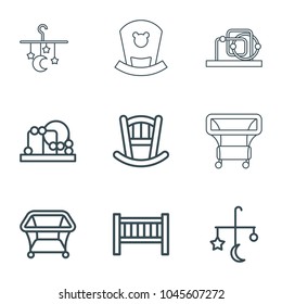 Crib icons. set of 9 editable outline crib icons such as baby bed, bed mobile, baby toy