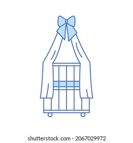 Crib isolated thin line icon. Outline style blue baby crib with canopy simple design. Newborn care linear minimal art vector illustration.