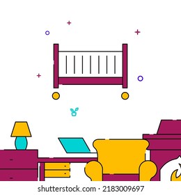 Crib, icono de vector de línea rellena de kindergarten, ilustración simple, borde inferior relacionado.