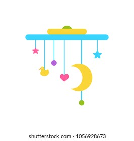 Crib mobile above the cradle with moving stars and Moon, balls and heart, vector illustration of toy hanging in kids bed isolated on white background