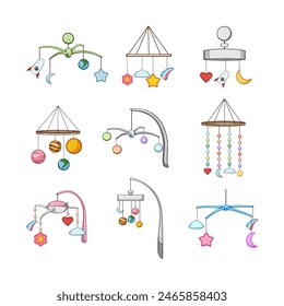 cuna móvil conjunto de dibujos animados. niño de la guardería, habitación infantil, luna niño cuna móvil signo. símbolo aislado Ilustración vectorial