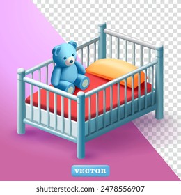 Crib with teddy bear, 3d vector. Suitable for element design
