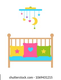 Crib young child's bed with barred or latticed sides, moving mobile over cradle, color pillows or couches with heart and stars vector illustration