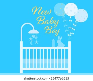 Wiegen voor baby boy. Bed met speelgoedcarrousel voor het interieur van de kinderkamer. Kinderkamer met mobiel. Wieg voor kind. Leeg babybed met carrousel voor kinderkamer interieur