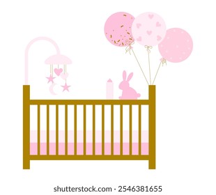 Wiegen voor baby meisje. Bed met speelgoedcarrousel voor het interieur van de kinderkamer. Kinderkamer met mobiel. Wieg voor kind. Leeg babybed met carrousel voor kinderkamer interieur