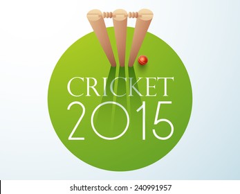 Cricket 2015 concept with red ball and wicket stumps on green background.