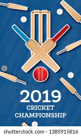 Cricket 2019 Flyer. Player Bat and Ball. Cricket Sports Background. Vector Illustration.