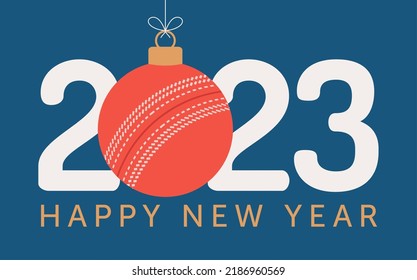 Cricket 2023 Happy New Year. Sports greeting card with cricket ball on the flat background. Vector illustration.