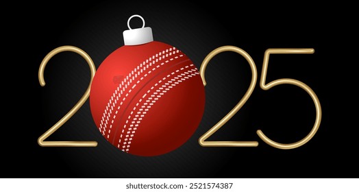 cricket 2025 Happy New Year. Sports greeting card with golden number 2025 and ball on the black background. Vector illustration.