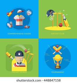 Cricket 2x2 flat icons on blue and green background with goods and apparel for players and tournament flat isolated vector illustration