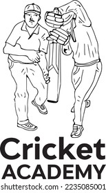 cricket academy logo, cricket coaching monogram and emblem, Sketch drawing of cricket coach giving coaching and tips to young player, illustration of how to hold bat coaching