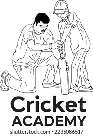 logotipo de la academia de cricket, monograma y emblema del entrenamiento de cricket, dibujo del entrenador de cricket que da entrenamiento y consejos a los jugadores jóvenes, silueta del bateador de cricket