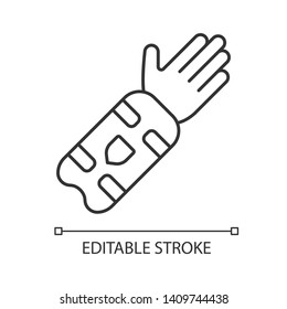 Cricket arm guard linear icon.  Body protection for batsman. Arm pad on hand. Protective clothing. Thin line illustration. Contour symbol. Vector isolated outline drawing. Editable stroke