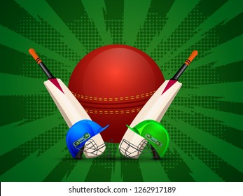 Cricket attire with ball and bats on green halftone rays background for Live cricket tournament concept.