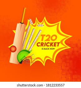 Cricket Is Back Now Text with Realistic Equipments on Pop Art Comic Background.