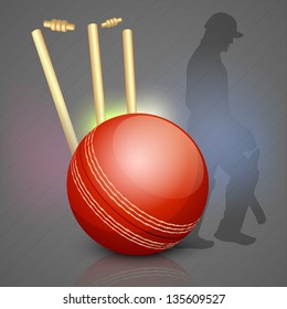 Cricket background with Cricket ball on stumps and silhouette of a out batsman.