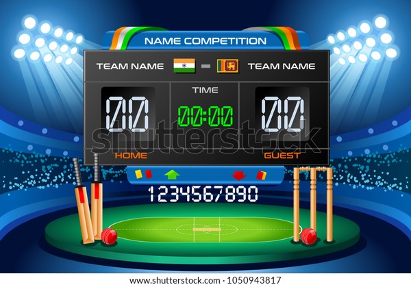 Cricket background with scoreboard.\
Hitting recreation equipment. Vector wallpaper\
design.