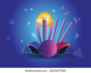 Cricket background vector with trophy, helmets, ball, stamps