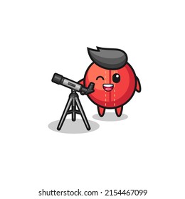 cricket ball astronomer mascot with a modern telescope , cute design