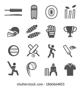 Cricket, ball, bat bold black silhouette and line icons set isolated on white. Player, wicket, pitch pictogram collection. Sport uniform, helmet, prize cup, field vector elements for infographic, web.