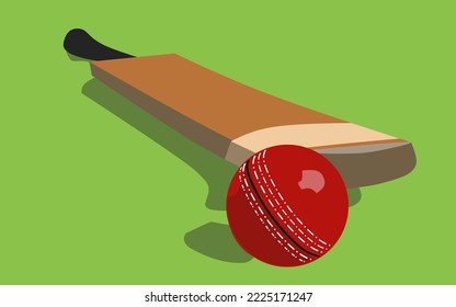 Cricket ball and bat isolated on green background with copy space. vectors and illustrations background.