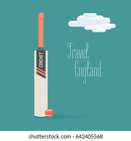 Cricket ball and bat vector illustration with travel to England quote. Concept image for exploring England and United Kingdom