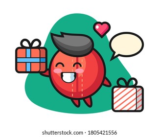 Cricket ball cartoon giving a gift