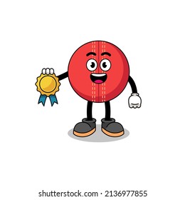 cricket ball cartoon illustration with satisfaction guaranteed medal , character design