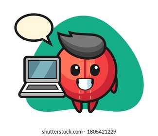 Cricket ball cartoon with a laptop