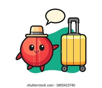 Cricket ball cartoon with luggage on vacation