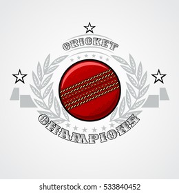 Cricket ball in center of silver wreath isolated on white. Sport logo for any team