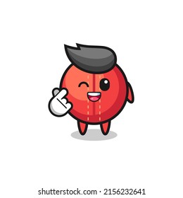cricket ball character doing Korean finger heart , cute design
