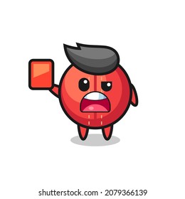 bola de cricket mascota linda como árbitro dando una tarjeta roja, diseño de estilo lindo para camiseta, pegatina, elemento logo
