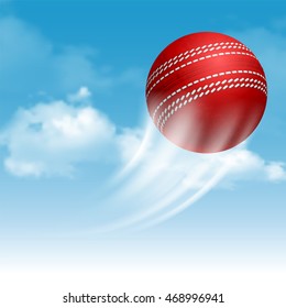 Cricket Ball Flying on Cloudy Sky Background. Realistic Vector Illustration. 