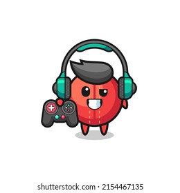 cricket ball gamer mascot holding a game controller , cute design