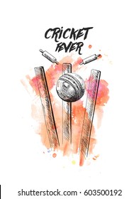 Cricket ball hitting bowling over wicket freehand sketch graphic design, vector illustration 