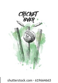 Cricket ball hitting bowling over wicket freehand sketch graphic design, vector illustration 