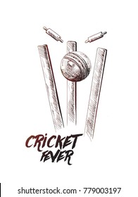 Cricket Ball Hitting Bowling Over Wicket Freehand Sketch Graphic Design, Vector Illustration 