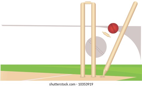 A cricket ball is hitting the stumps	