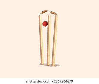 Cricket ball hitting wicket stumps knocking bails out against white background.  bowler and cricket elements 3D