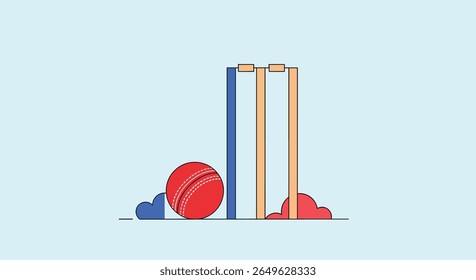 Bola de críquete batendo wickets com nuvens de poeira e ilustração de fundo azul