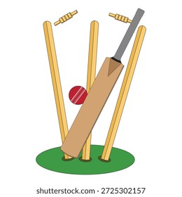 Críquete bola batendo wickets Vetor Ilustração - Limpar Ícone de Esportes com Bola, Stumps and Bails, Design Plano Editável para Jogo de Críquete, Marca de Torneio, Logotipo, Pôster, App UI e Projetos Gráficos Criativos
