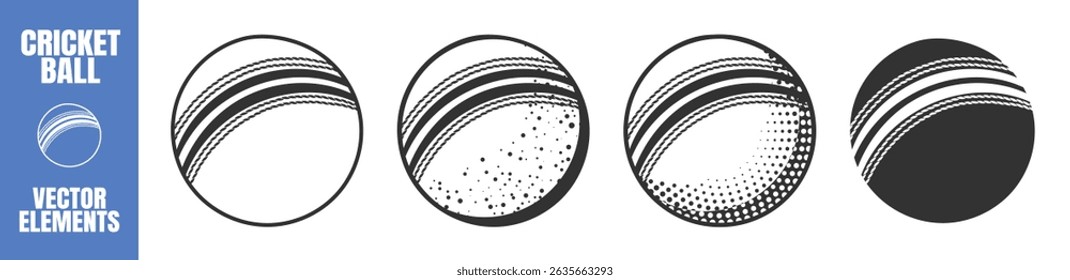 Cricket Ball Icon Set. Vintage and Silhouette Vector Cricket Balls. Isolated on Transparent Background