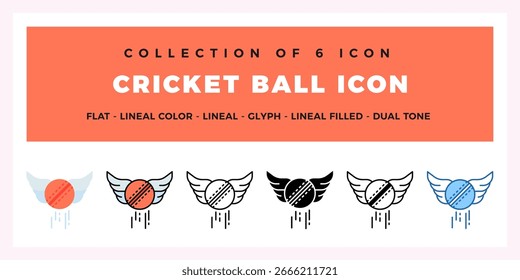 Cricket Ball Icons Set. Flat. Lineal. Glyph. and Dual Tone Styles