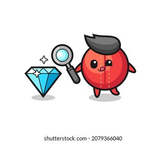 cricket ball mascot is checking the authenticity of a diamond , cute style design for t shirt, sticker, logo element