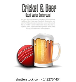 Cricket ball with mug of beer. Pattern for banner, poster, greeting card, party invitation, signboard, menu pub. Vector illustration