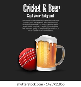 Cricket ball with mug of beer. Pattern for banner, poster, greeting card, party invitation, signboard, menu pub. Vector illustration